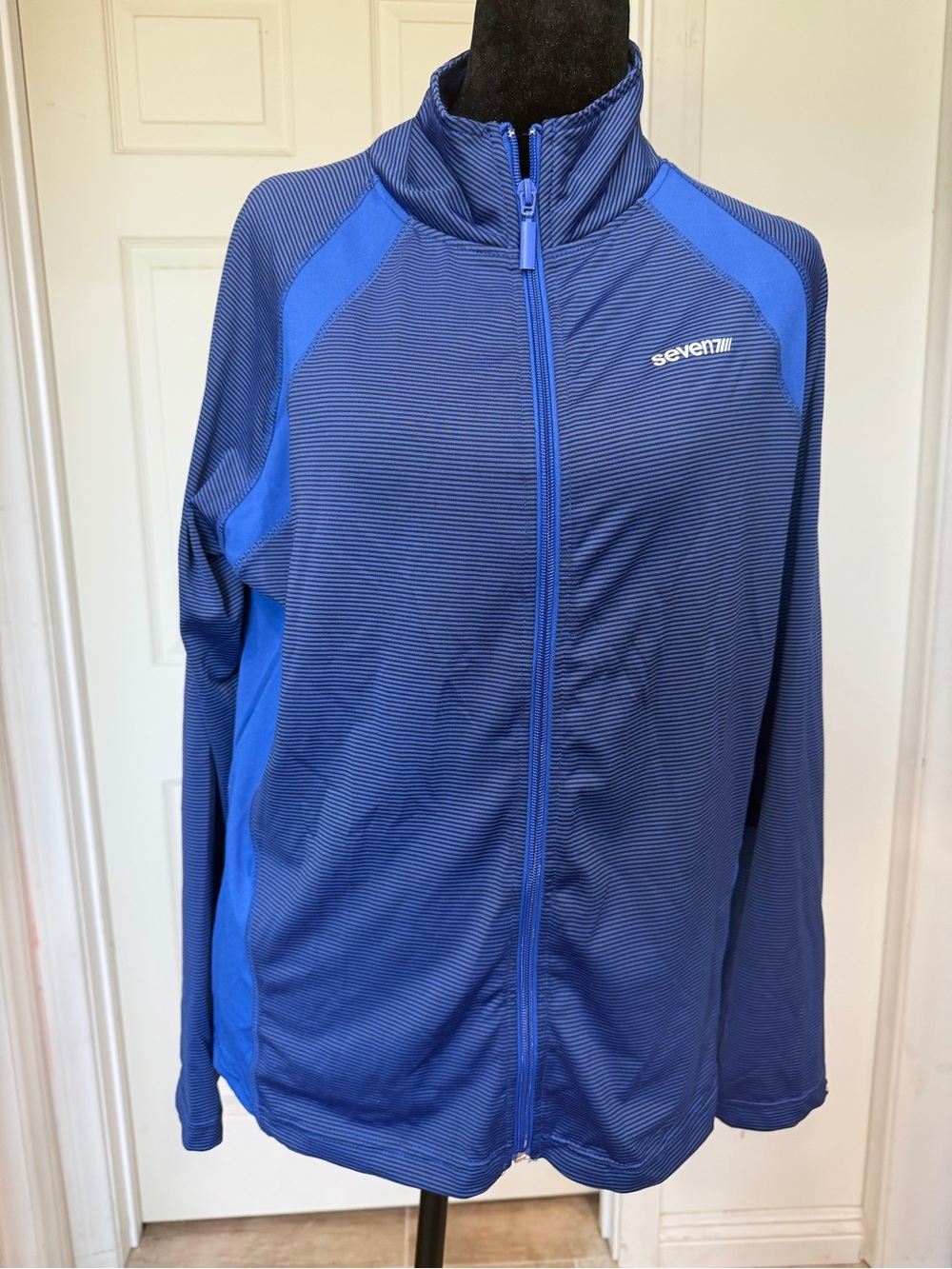 Seven7 Blue Full-Zip Striped Athletic Bomber Jacket